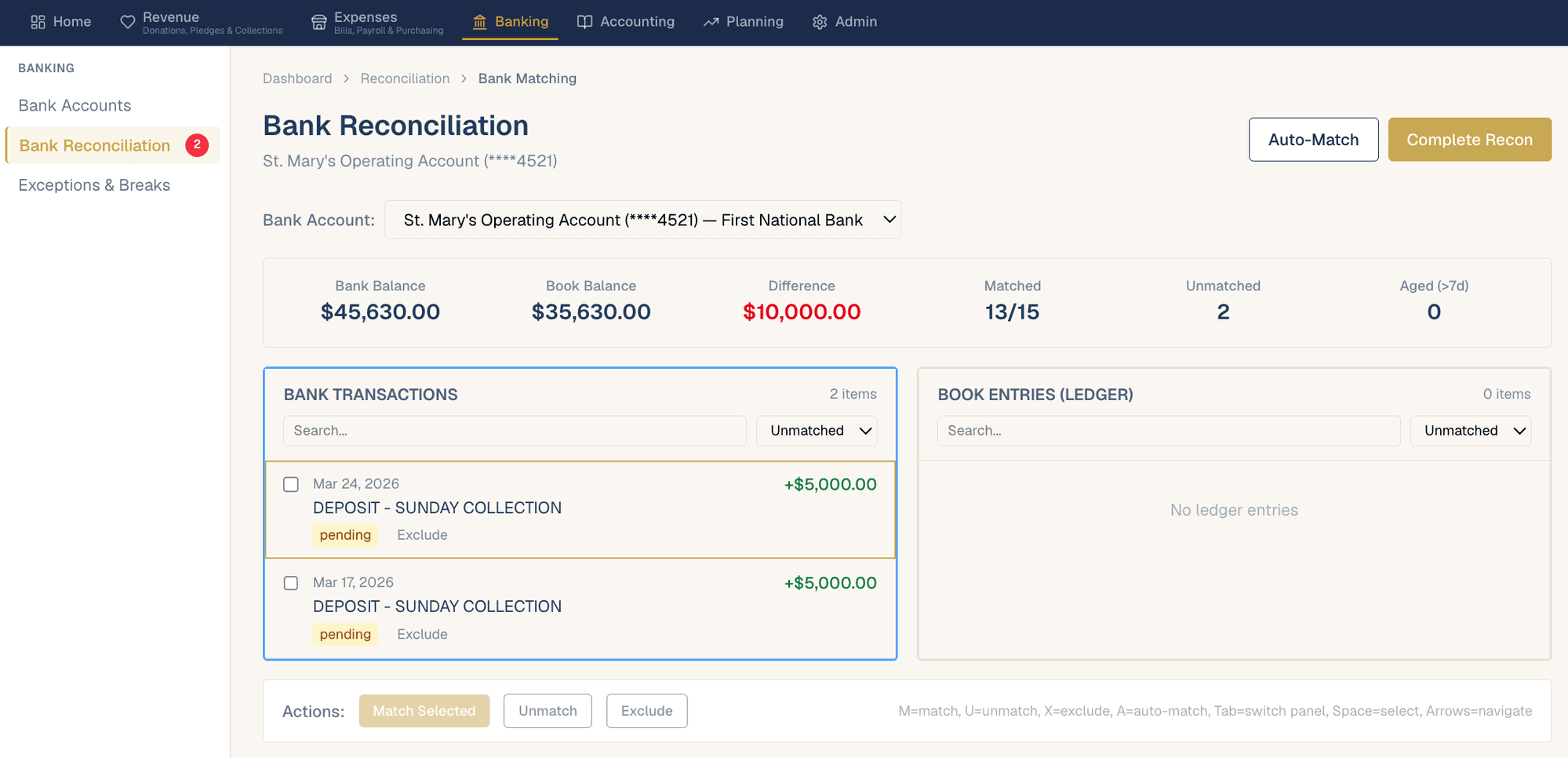 Bank Reconciliation workspace with automatic matching