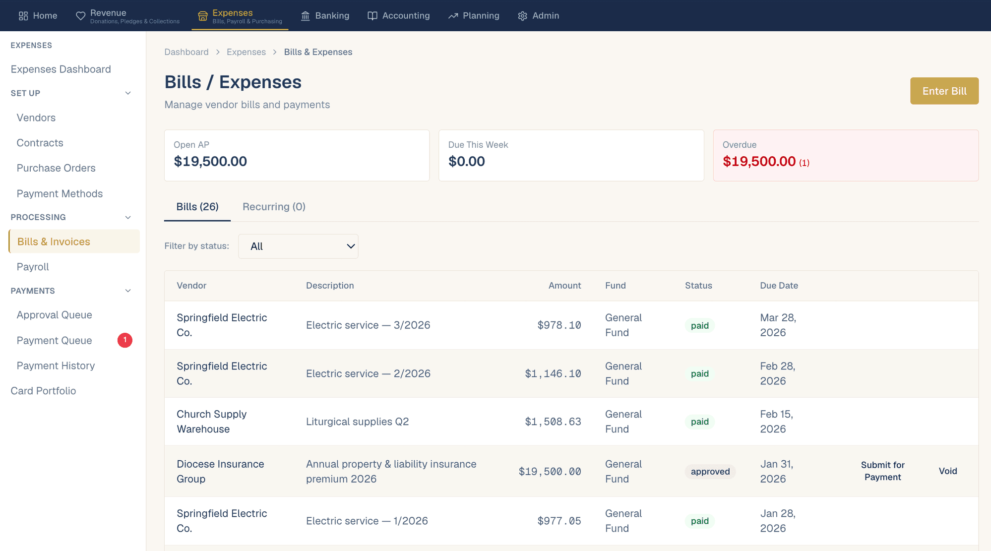 Bills page showing approval workflow and vendor management