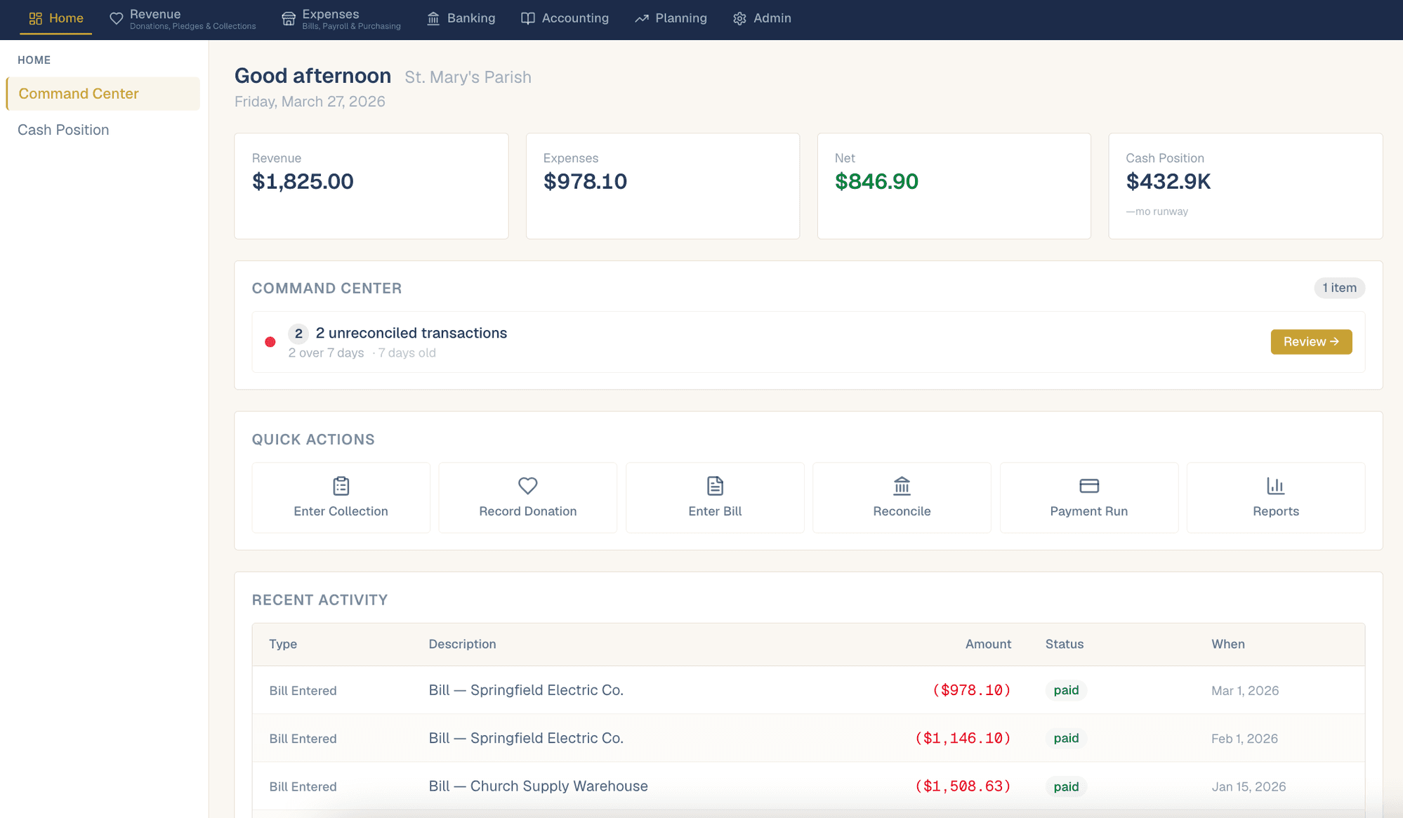 OCM Financial Command Center home dashboard showing revenue, expenses, and quick actions