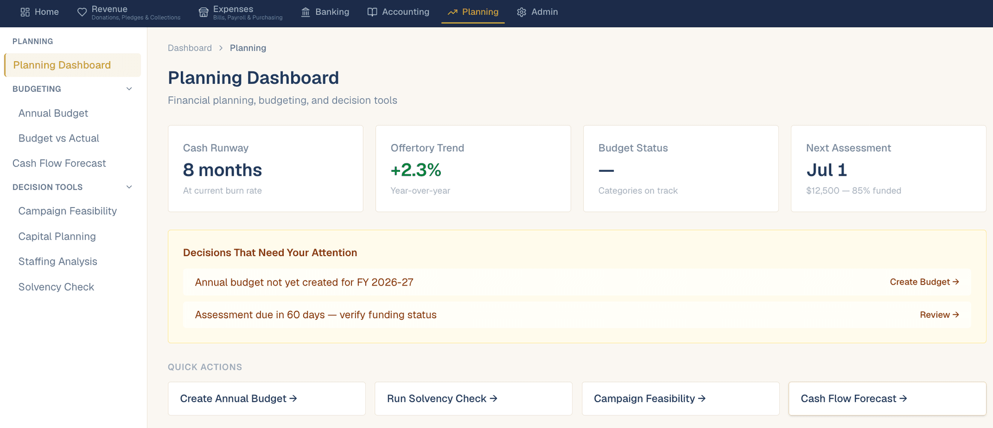 OCM Financial Planning Dashboard with cash runway, offertory trend, and decision tools